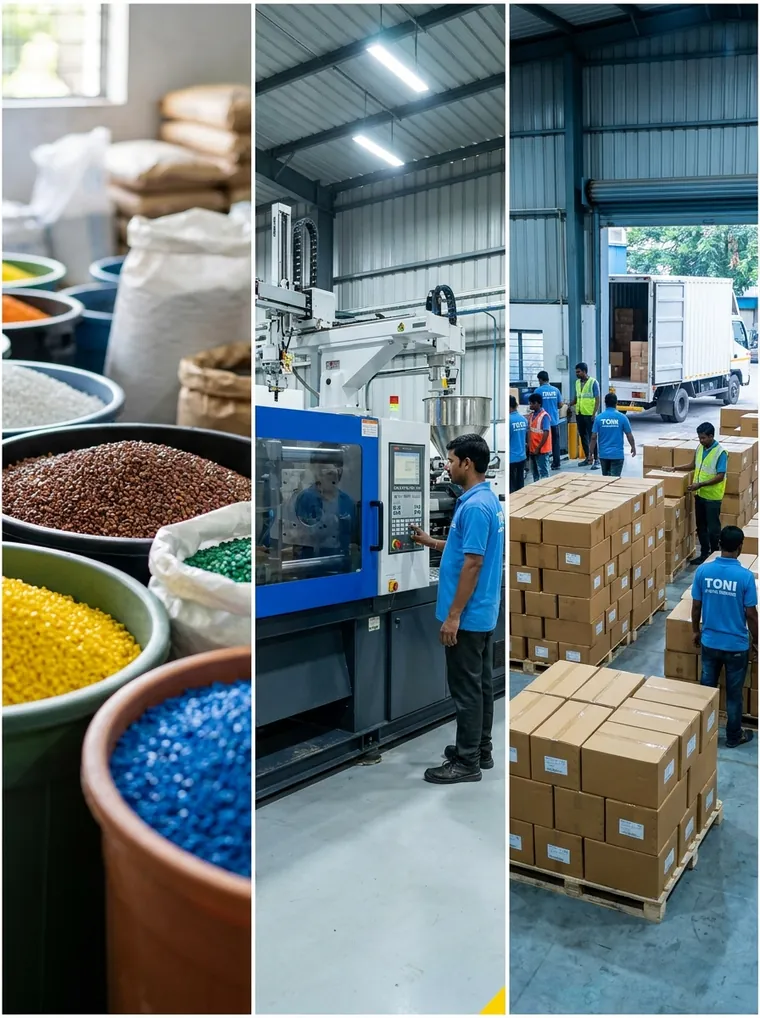 Toni Plastic manufacturing journey: raw plastic material, injection moulding by a Toni Plastic operator, and dispatch